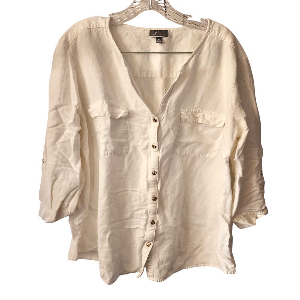 JM Collection Gold Button Down Linen Blend Shirt Size XL